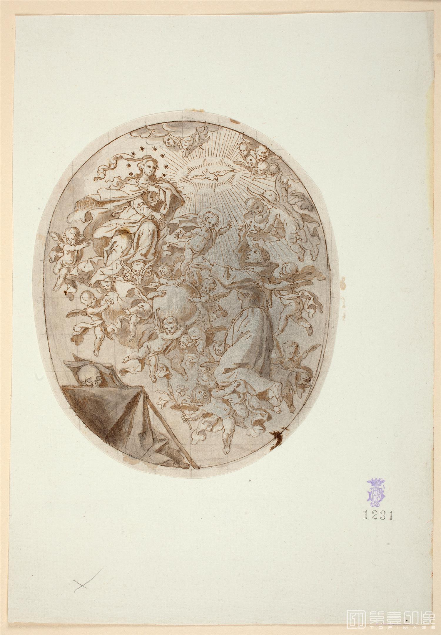 素描-西班牙普拉多美术馆素描藏画-Anonimo-Aparicion de la Virgen con el Nino a San Antonio-0051